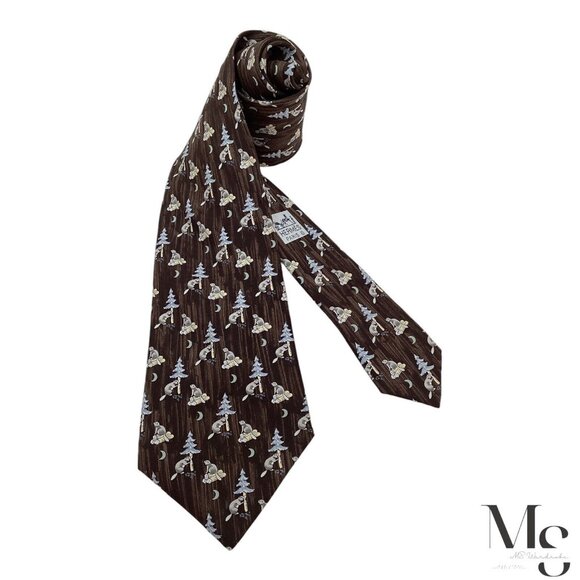 HERMES PARIS 7717 OA Brown Beavers At Night Print Silk Tie France W: 3.75" E.C - Picture 1 of 7
